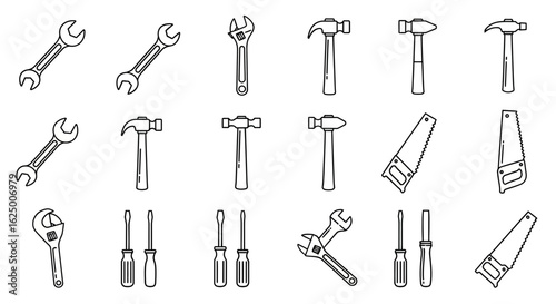 A collection of hand tool line icons for construction, DIY, and repair. Vector set of wrenches, hammers, saws.