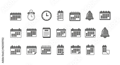 Essential monochrome icon set for calendar, time management, and scheduling applications.