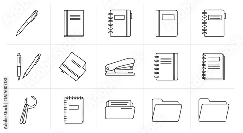 A set of monochrome office supply icons, including pens, notebooks, and folders. Vector line art.