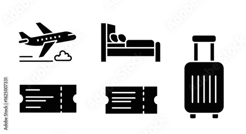 Travel and tourism solid glyph icon set for booking. Airplane, hotel, ticket, luggage.