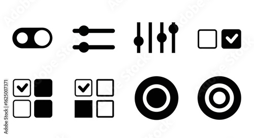 Solid black glyph icons of interface controls toggle switch, slider, checkbox, and radio button.