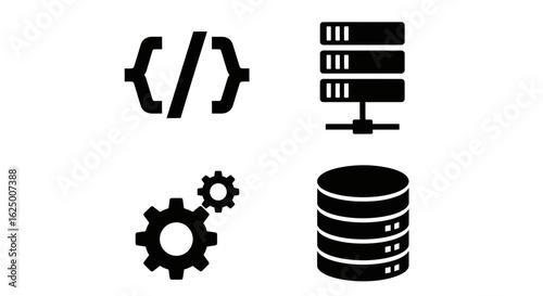 Web development solid glyph icon set featuring code, server, settings gears, and database symbols.