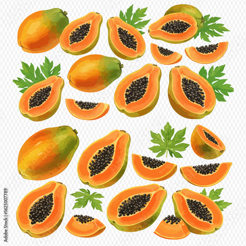 A vibrant illustrated collection of whole papayas, halves with black seeds, and juicy slices with green leaves.