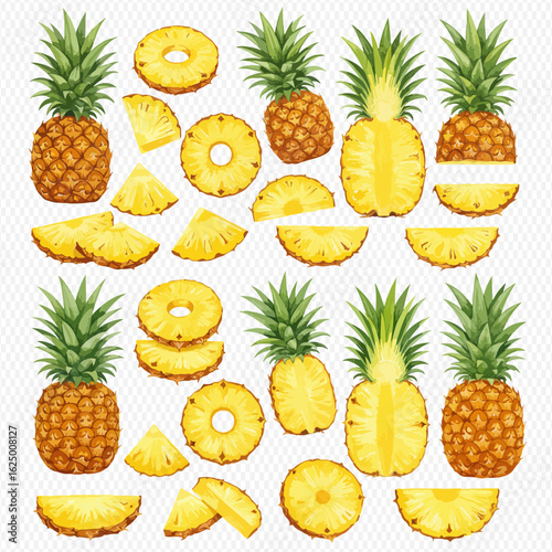 A vibrant collection of pineapples illustrated in various forms: whole, halved, and cut into rings and wedges.