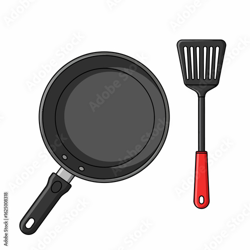 Black Frying Pan and Spatula Kitchen Utensils for Cooking and Food Preparation