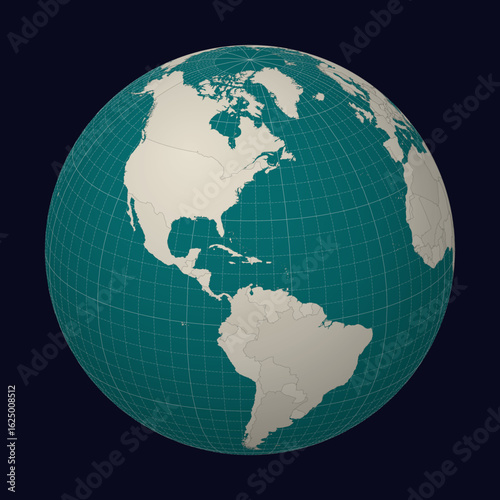 Turks and Caicos Islands on the map. Globe centered to Turks and Caicos Islands. Country location on the world map. Teal Pale Mint color palette. Globe with countries, meridians and parallels.