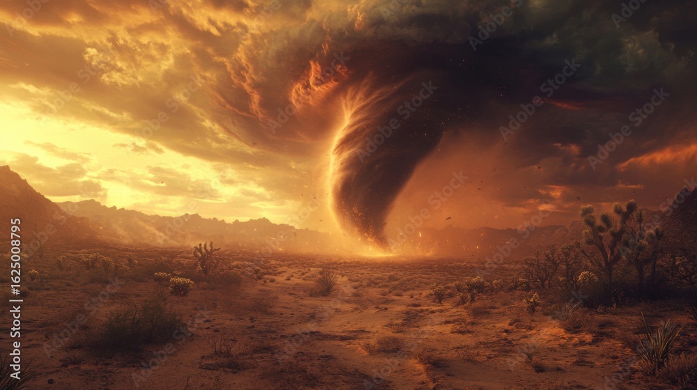Fototapeta premium Fiery Tornado in Desert at Sunset Sky