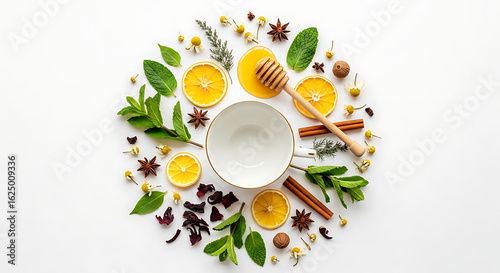 Herbal tea in various materials, white background