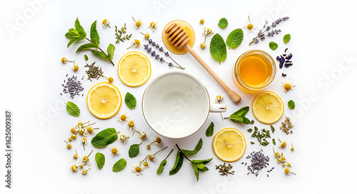 Herbal tea in various materials, white background