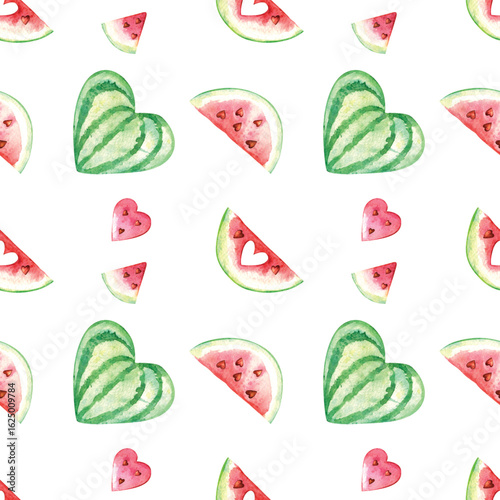 A charming seamless pattern featuring hand-painted watercolor watermelons shaped like hearts. A sweet summer fruit background illustration.