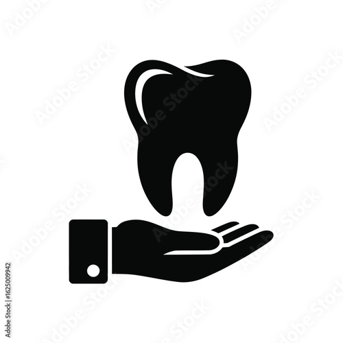 Black and white icon of a hand gently holding a healthy tooth symbol