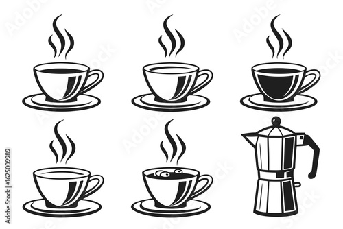Collection of six steaming coffee cups and a moka pot in a hand drawn style