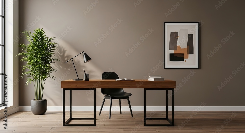 Fototapeta premium Motivational office corner with desk, chair, and indoor plant, matte beige wall background, editorial architectural photo for modern workspace inspiration