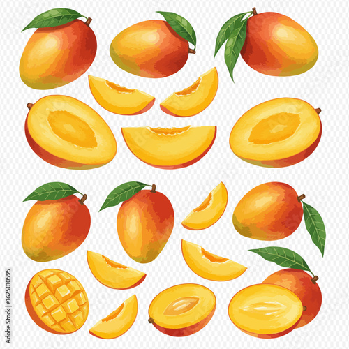 A vibrant collection of ripe mangoes, illustrated whole, halved, sliced, and diced in a watercolor style.