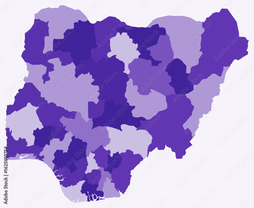Obraz premium Map of Nigeria with regions. Just a simple country border map with region division. Deep purple color palette. Flat Federal Republic of Nigeria shape with administrative division. Vector illustration.