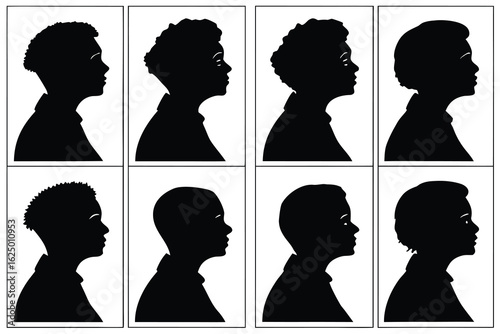 Multiple silhouette profiles of women showing different hairstyles and necklines