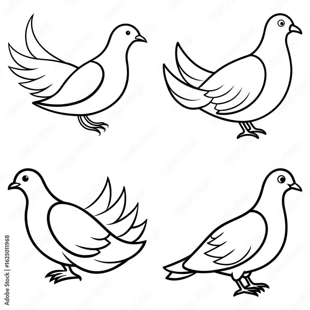 Fototapeta premium Four line drawing doves in various poses with wings partially spread and standing on their feet calmly