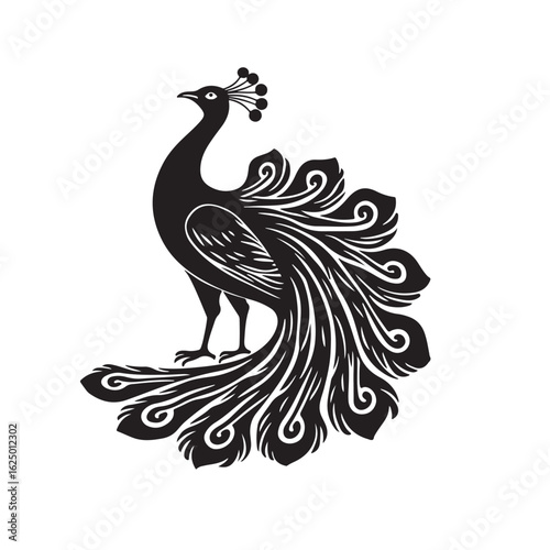 Elegant Black and White Peacock Illustration: Intricate Line Art, Ornate Feathers, Majestic Bird Design.