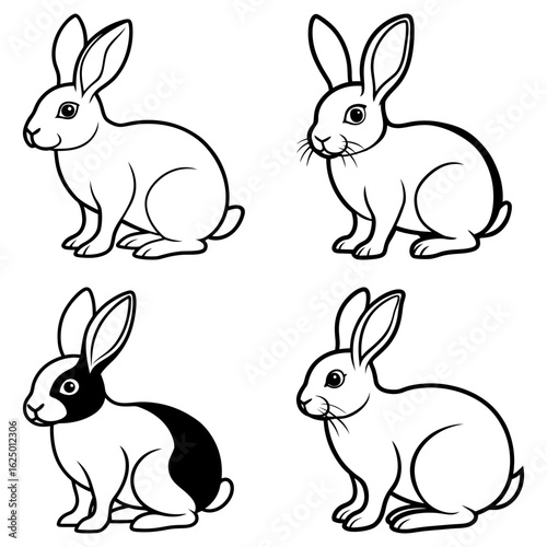 Four outlined rabbits in various poses and with different markings shown in a black and white illustration
