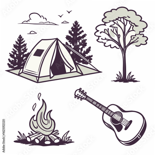 Illustration of a camping scene with a tent campfire guitar trees and birds in a stylized drawing