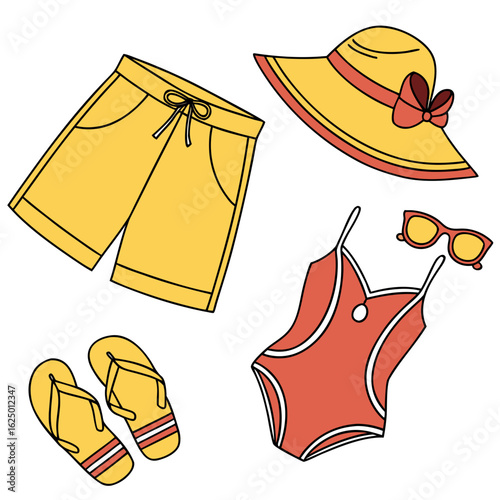 Collection of summer beach vacation clothing and accessories including a swimsuit shorts hat and flip flops