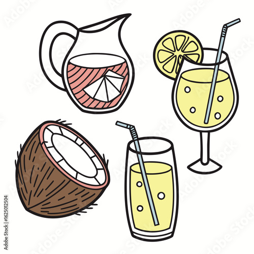 Refreshing summer drinks collection featuring a coconut pitcher of juice and two glasses of lemonade with straws and lemon slices