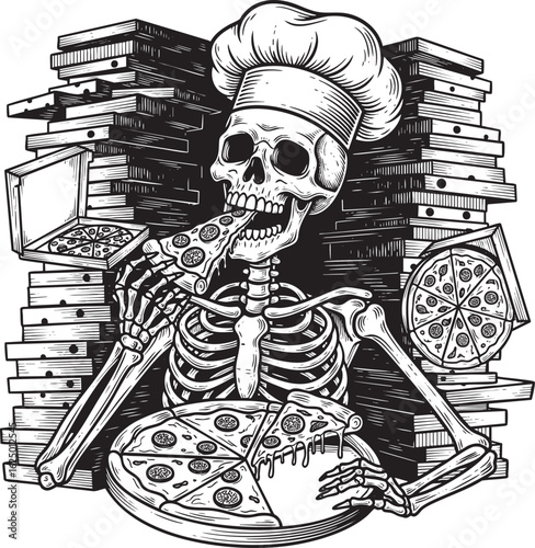 Skeleton Chef Eating Pizza with Piles of Books Vector