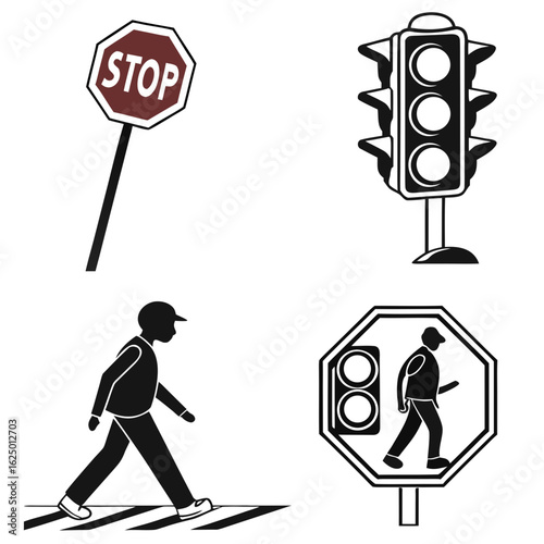 Collection of traffic control symbols including a stop sign traffic light pedestrian crossing and pedestrian signal icon