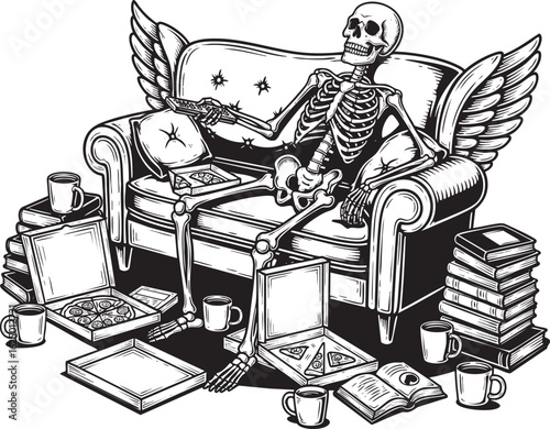 Skeleton on Couch with Books and Wings Vector Art