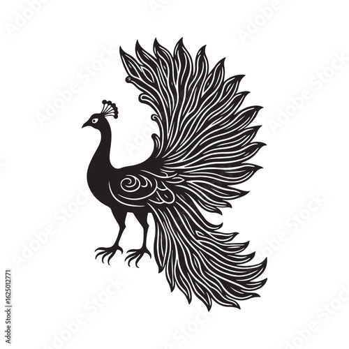 Elegant Black and White Peacock Illustration: Intricate Line Art, Ornate Feathers, Majestic Bird Design.
