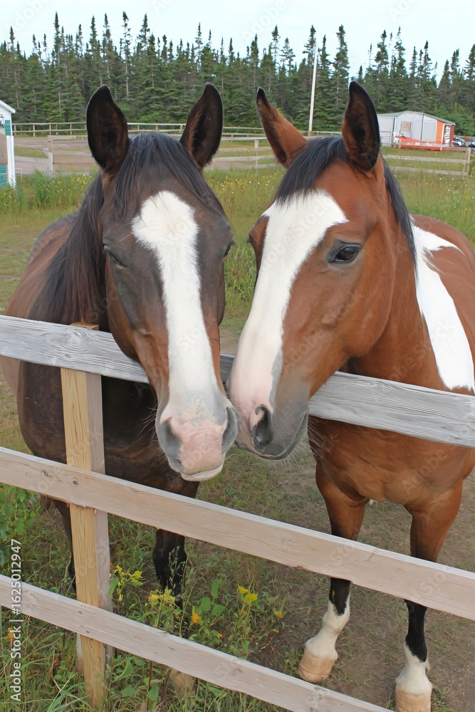 Fototapeta premium Two beautiful domestic horses looking over a wooden fence at a ranch. Farm animal portrait in a natural outdoor setting.