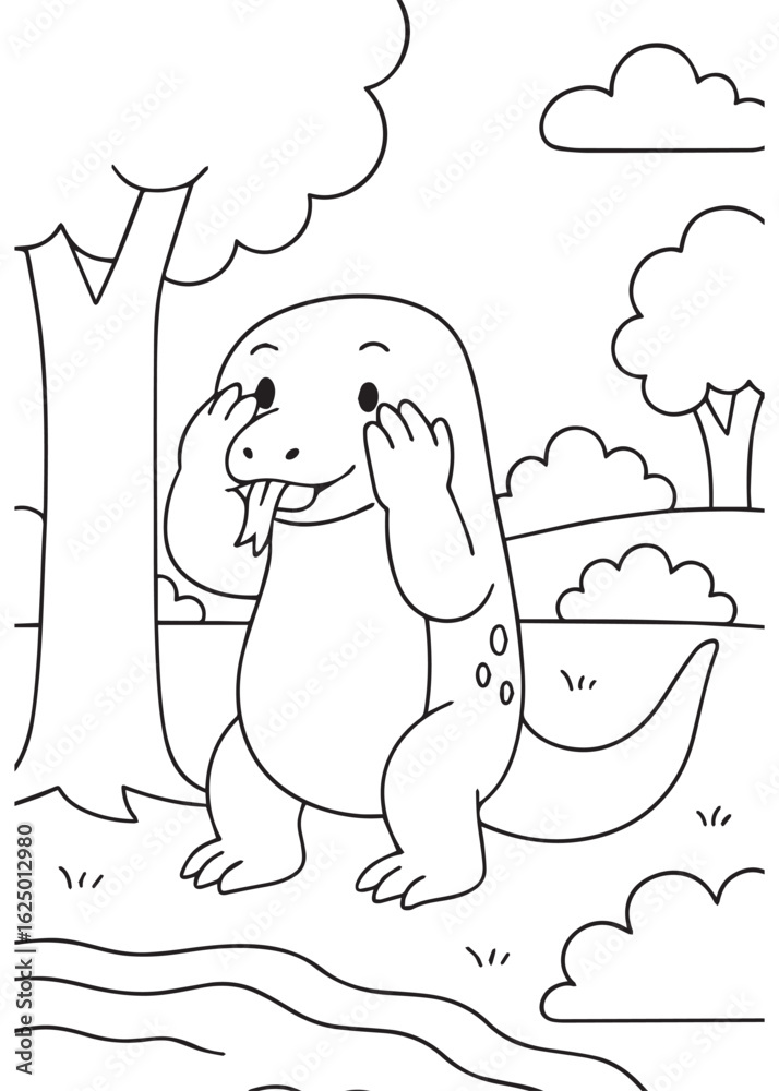 Obraz premium Coloring book Comodo dragon eating watermelon near a riverbank.