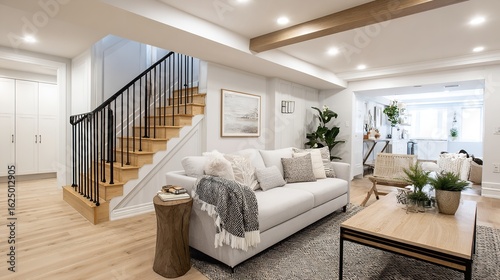 Bright, Stylish Living Room with Staircase, Soft Gray Couch and Interior Accents