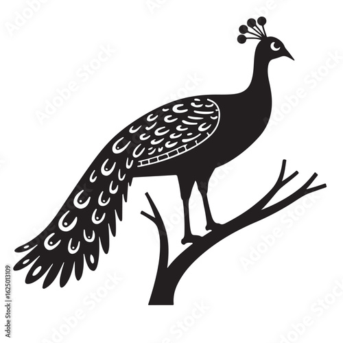 Elegant Black and White Peacock Illustration: Intricate Line Art, Ornate Feathers, Majestic Bird Design.