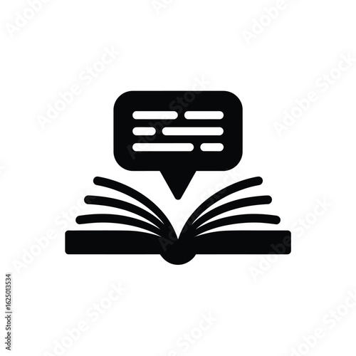 Open book with speech bubble containing text symbolizing knowledge and communication
