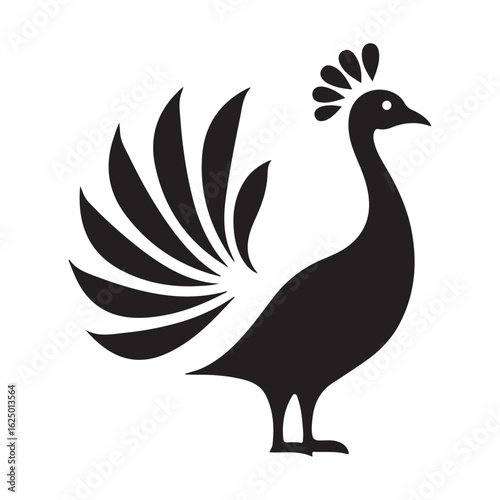 Elegant Black and White Peacock Illustration: Intricate Line Art, Ornate Feathers, Majestic Bird Design.