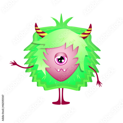 Colorful one-eyed cartoon monster with green spiky hair and red horns on white background