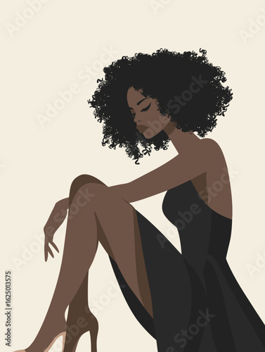 African woman in elegant seated pose with crossed legs, afro hairstyle, wearing flowing dress, modern studio vibe vector