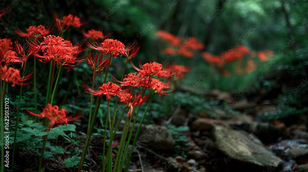 Close-up of red spider lilies blooming in a dark forest 暗い森の彼岸花 Close-up of red spider lilies blooming in a dark forest 暗い森の彼岸花
