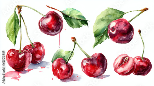 Watercolor cherry fruit set, hand-drawn, isolated on transparent background 