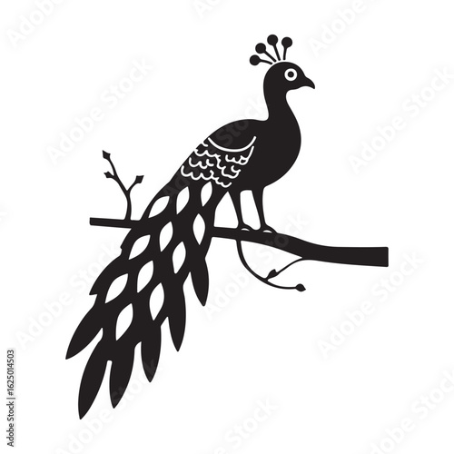 Elegant Black and White Peacock Illustration: Intricate Line Art, Ornate Feathers, Majestic Bird Design.