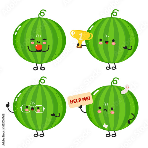 Four adorable cartoon watermelons, each with unique expressions and holding props.