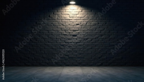 Dark studio, spotlight on black brick wall, concrete floor , light, setting, dark