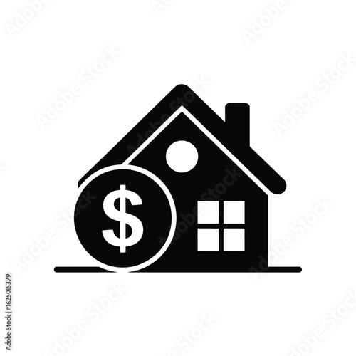 Black and white icon representing a house with a dollar sign on a coin