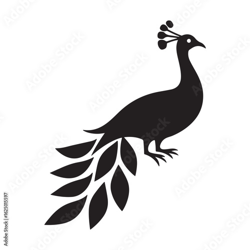 Elegant Black and White Peacock Illustration: Intricate Line Art, Ornate Feathers, Majestic Bird Design.