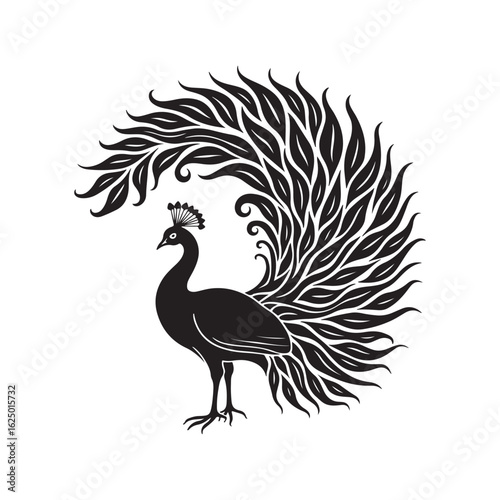 Elegant Black and White Peacock Illustration: Intricate Line Art, Ornate Feathers, Majestic Bird Design.