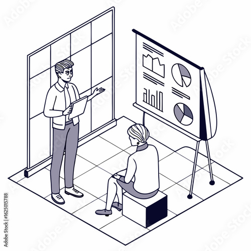Business professional presenting data charts and graphs to an attentive colleague in a modern office setting