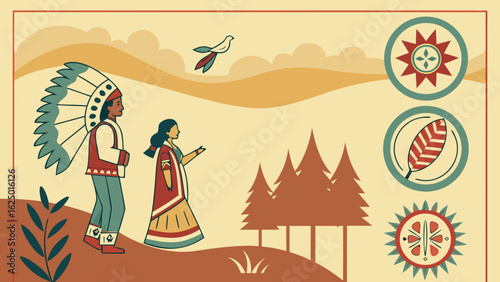 Native American couple in traditional attire with cultural symbols in a vintage background 