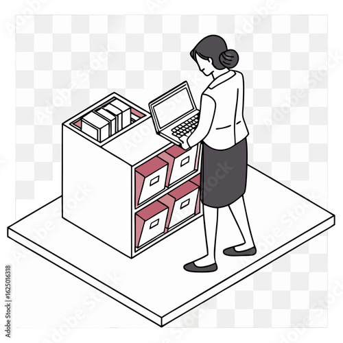 Businesswoman using a laptop while organizing files and boxes in a modern office storage unit