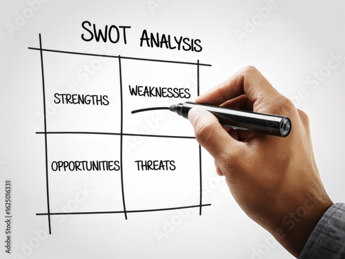 Hand writing SWOT analysis matrix; strengths, weaknesses, opportunities, threats; business planning concept; strategic planning; white background.